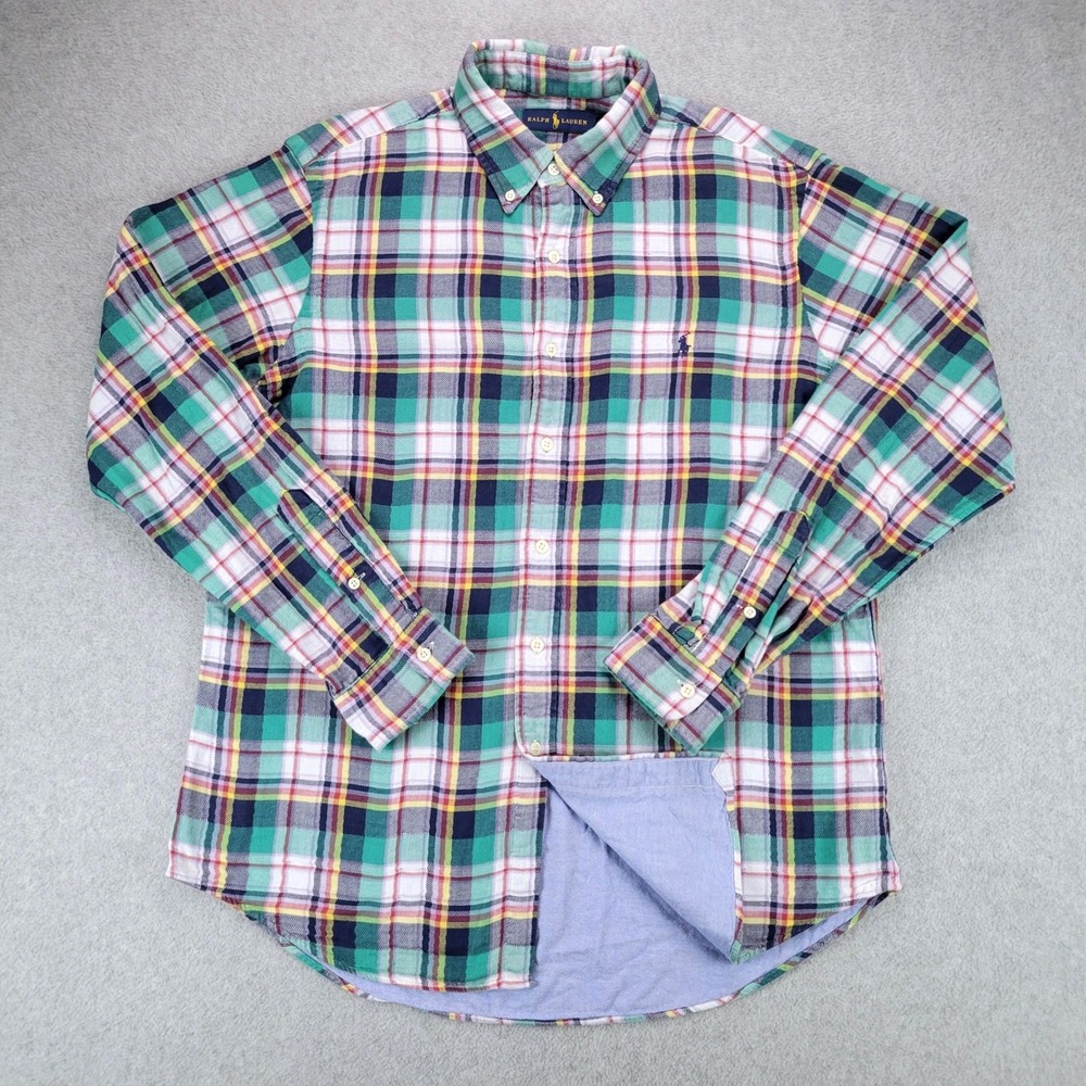 Ralph Lauren Double Faced Flannel Shirt Mens L Green Plaid Button Long Sleeve